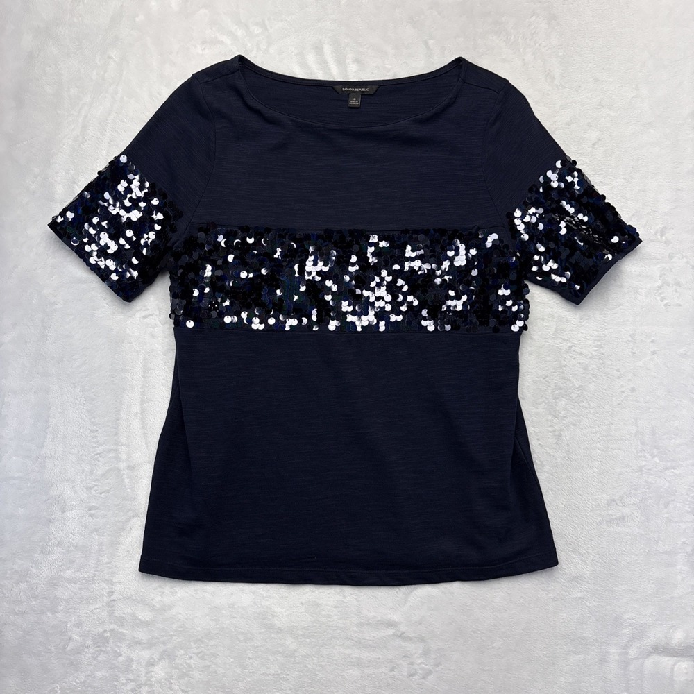 Banana Republic Navy Sequin Block Top Small Date Night Sparkle Short Sleeve
